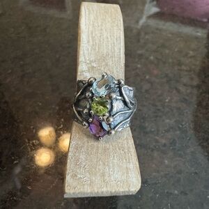 Vintage Or Paz sterling silver with amethyst, green peridot, and blue topaz.